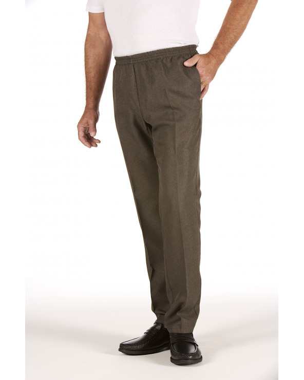 Pantalon de ville taille élastique en polyester. Coloris Bronze