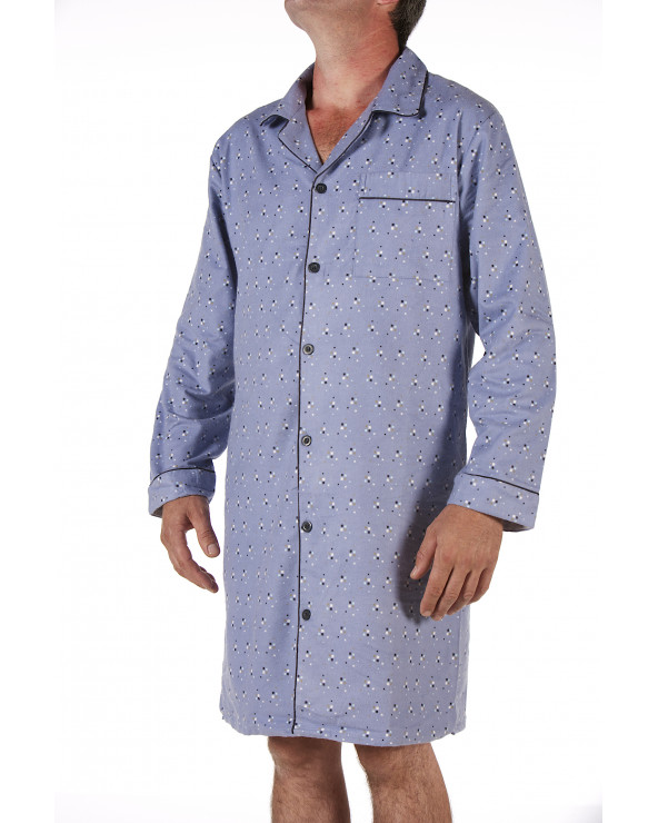 Pyjaveste, Chemise de nuit Homme boutonnée 100% coton. Coloris Bleu. Du M au 3XL