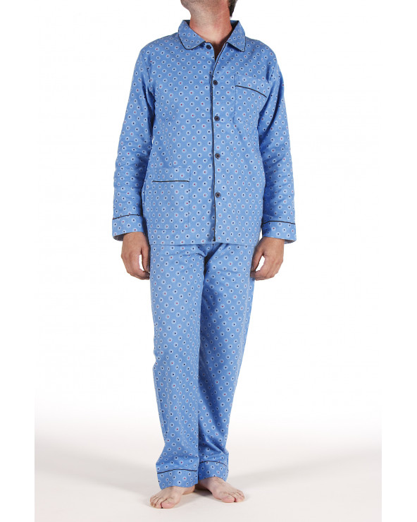 Pyjama homme veste boutonné 3 poches 100% coton. Pantalon taille élastique. Coloris Bleu