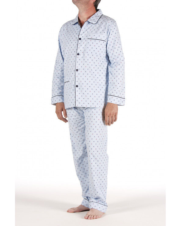 Pyjama homme veste boutonné 3 poches 100% coton. Pantalon taille élastique. Coloris Ciel