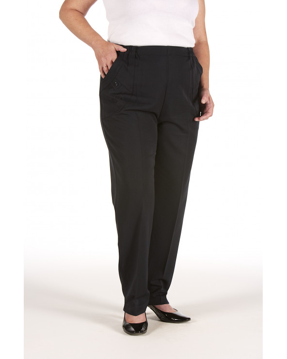 Pantalon Femme taille élastique, 2 poches brodées. Coloris Marine