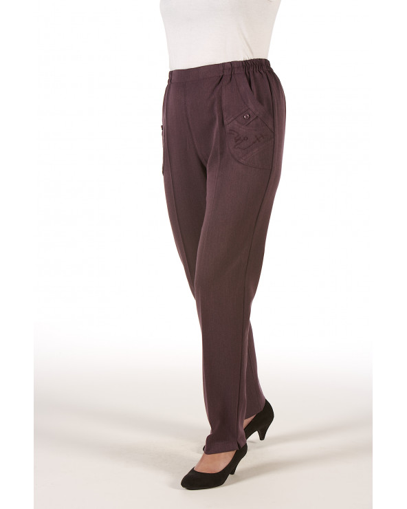 Pantalon Femme taille élastique, 2 poches brodées. Coloris Violine