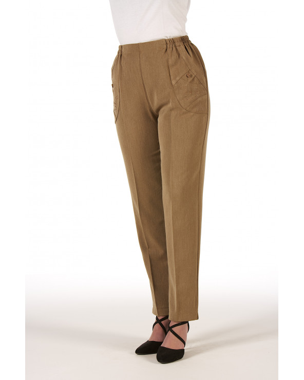 Pantalon Femme taille élastique, 2 poches brodées. Coloris Doré