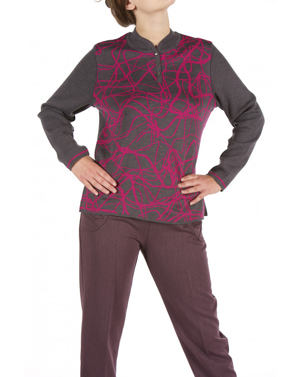 Pull col tunisien, ouverture 3 boutons. Coloris Gris/Fuchsia